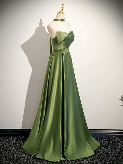 Green A-line Satin Simple Evening Dress, Green Long Prom Dress Formal Dress